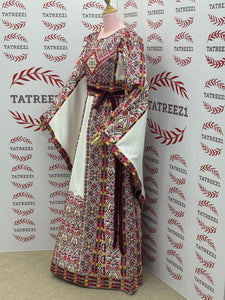 White Traditional Palestinian Thobe – Burgundy & Gold Elegance Embroidery