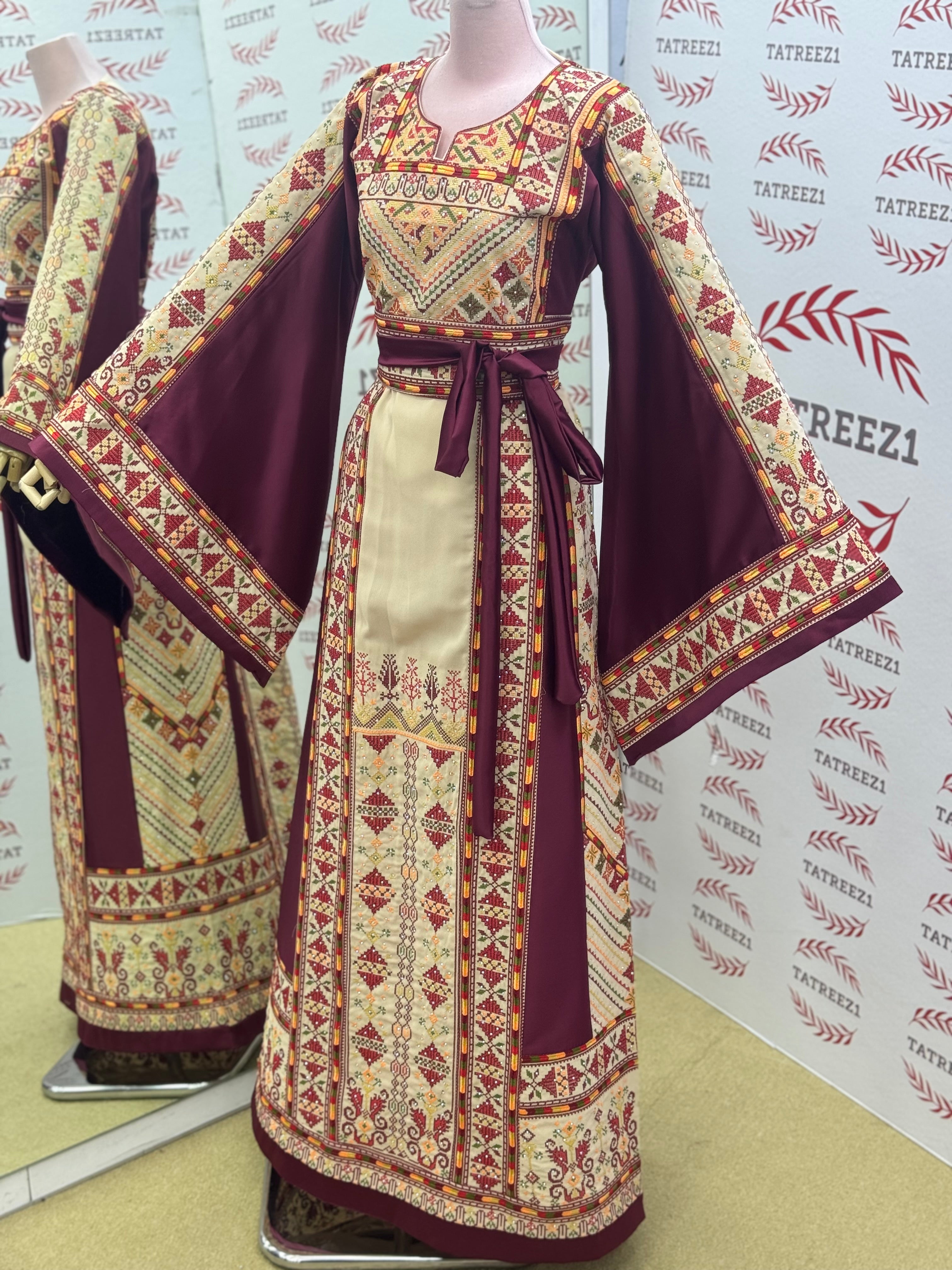 Beige Color thoub Maroon Embroidered Palestinian Fellahi Thobe With Belt