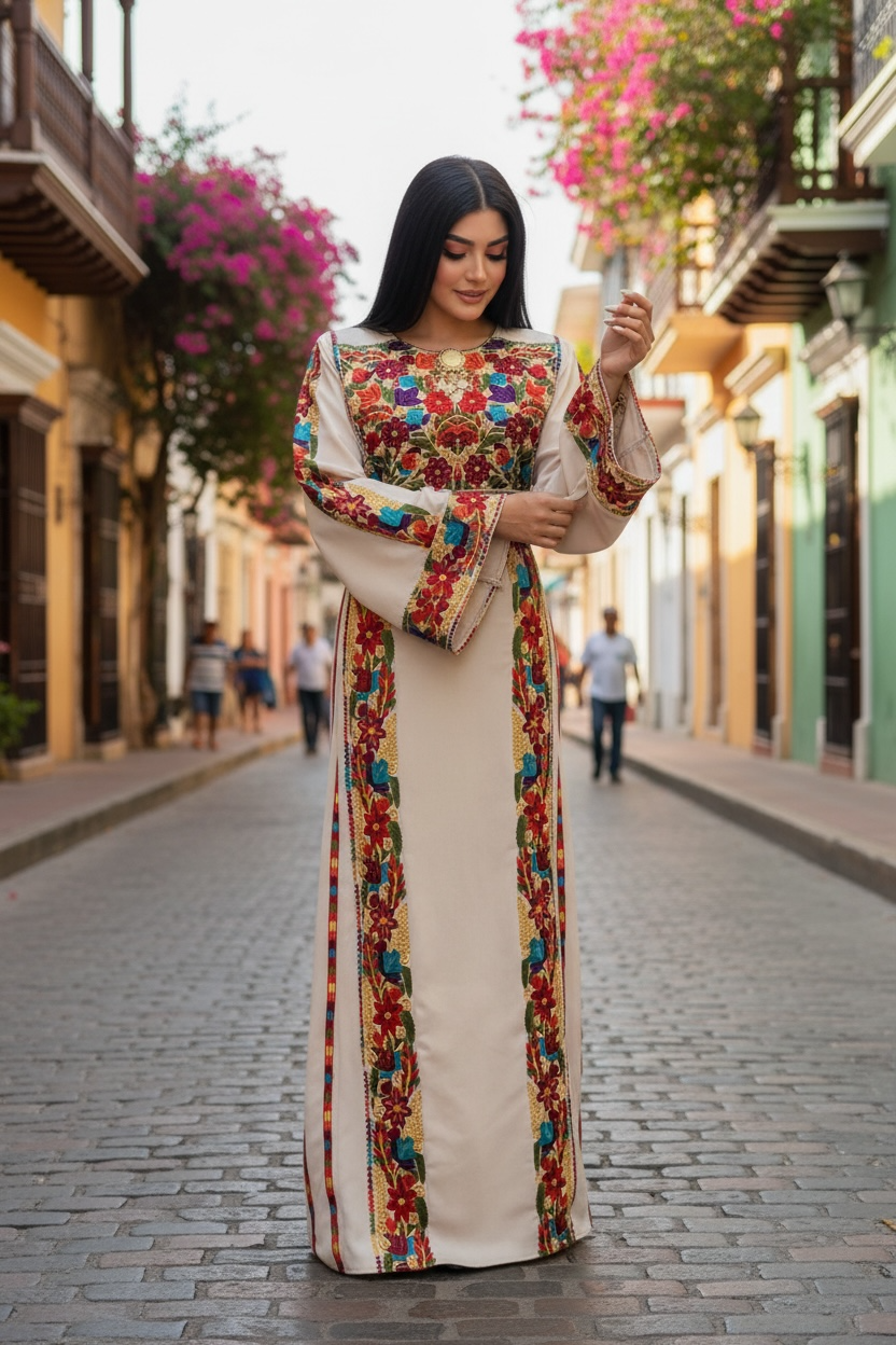Beige Simple & Classic Elegant Emberoidery Dress With Matching belt