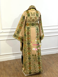 Green Embroidery Traditional Palestinian Beige Thobe Machine Made with Matching Head Scarf