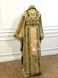 Green Embroidery Traditional Palestinian Beige Thobe Machine Made with Matching Head Scarf