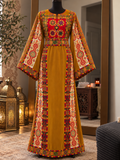 Qasab Mustard Gold Malacca Silk Velvet Thoub with Embroidery