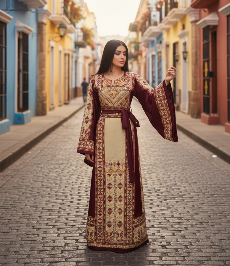 Beige Color thoub Maroon Embroidered Palestinian Fellahi Thobe With Belt