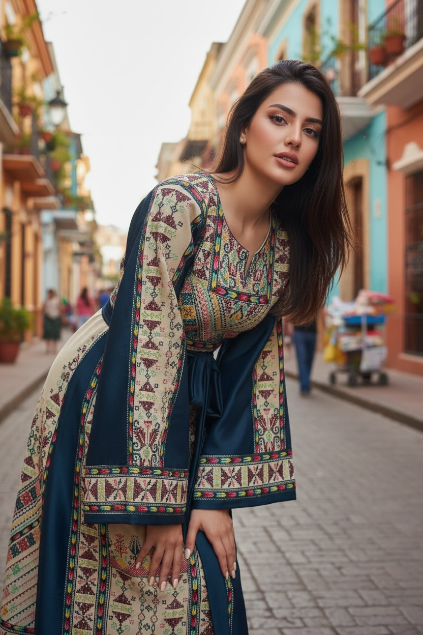 Beige Color thoub Blue Embroidered Palestinian Fellahi Thobe With Belt