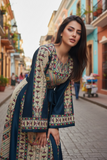 Beige thoub Blue Embroidered Palestinian Fellahi Thobe With Belt