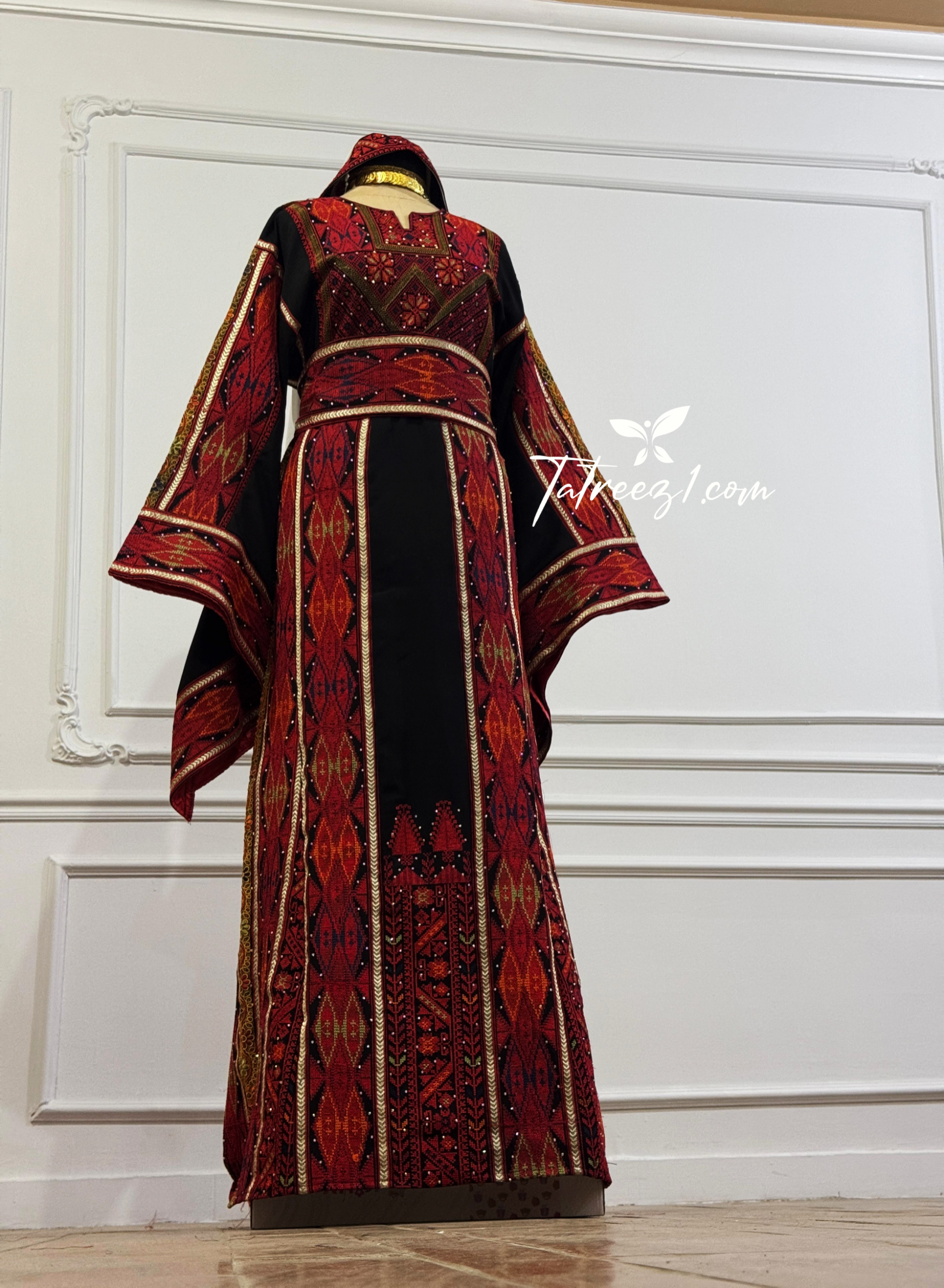 Red & Black Embroidery Traditional Palestinian Thobe Machine Made with Matching Head Scarf