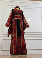 Load image into Gallery viewer, Red &amp; Black Embroidery Traditional Palestinian Thobe Machine Made with Matching Head Scarf
