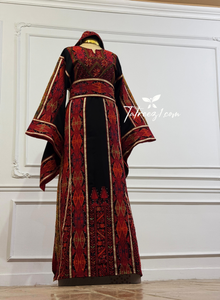 Red & Black Embroidery Traditional Palestinian Thobe Machine Made with Matching Head Scarf