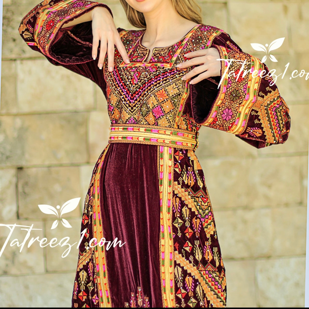 Light Velvet Maroon Shade Stoned Embroidery Thoub