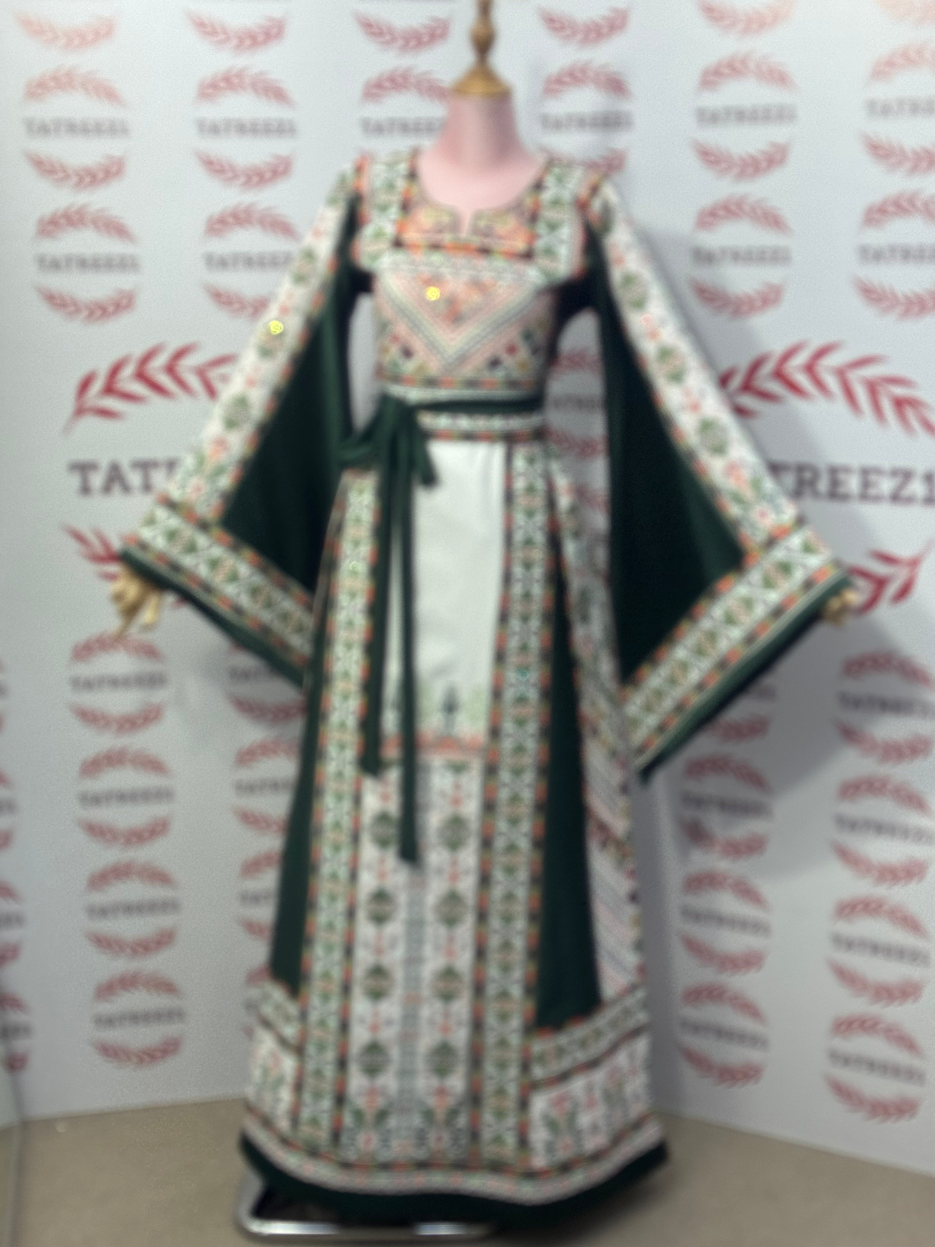 Green Embroidery Traditional Palestinian Thobe Machine Made