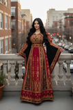 Red Embroidered Palestinian Thobe Featuring Wide Sleeves