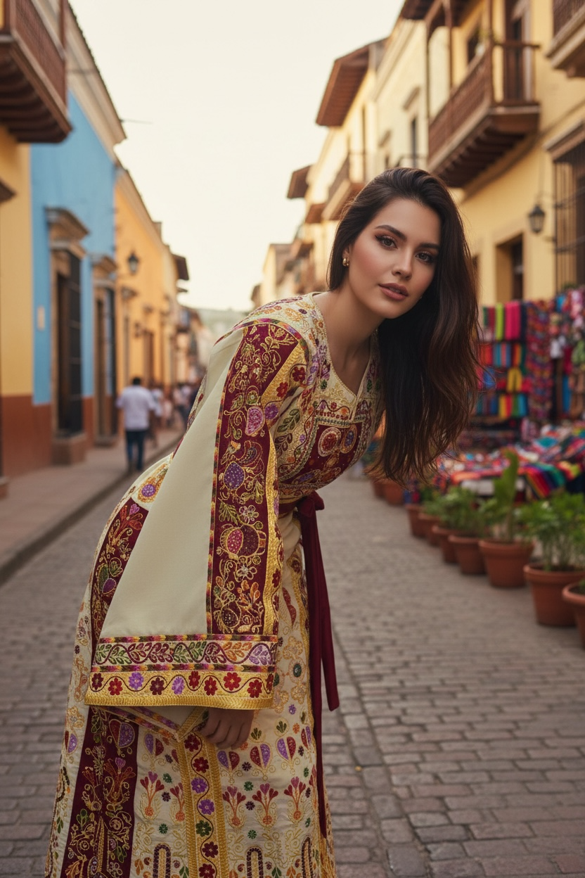 Baharej Thoub Luxury Embellishments Beige Shade Embroidered Palestinian Thobe