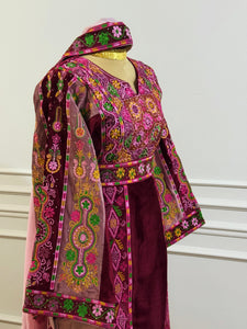 Magenta Malacca silk Velvet Material Stone Embroidery Thoub With Matching Headpiece and reversible belt