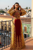 Velvet embellished with intricate Qasab (metallic) embroidery.