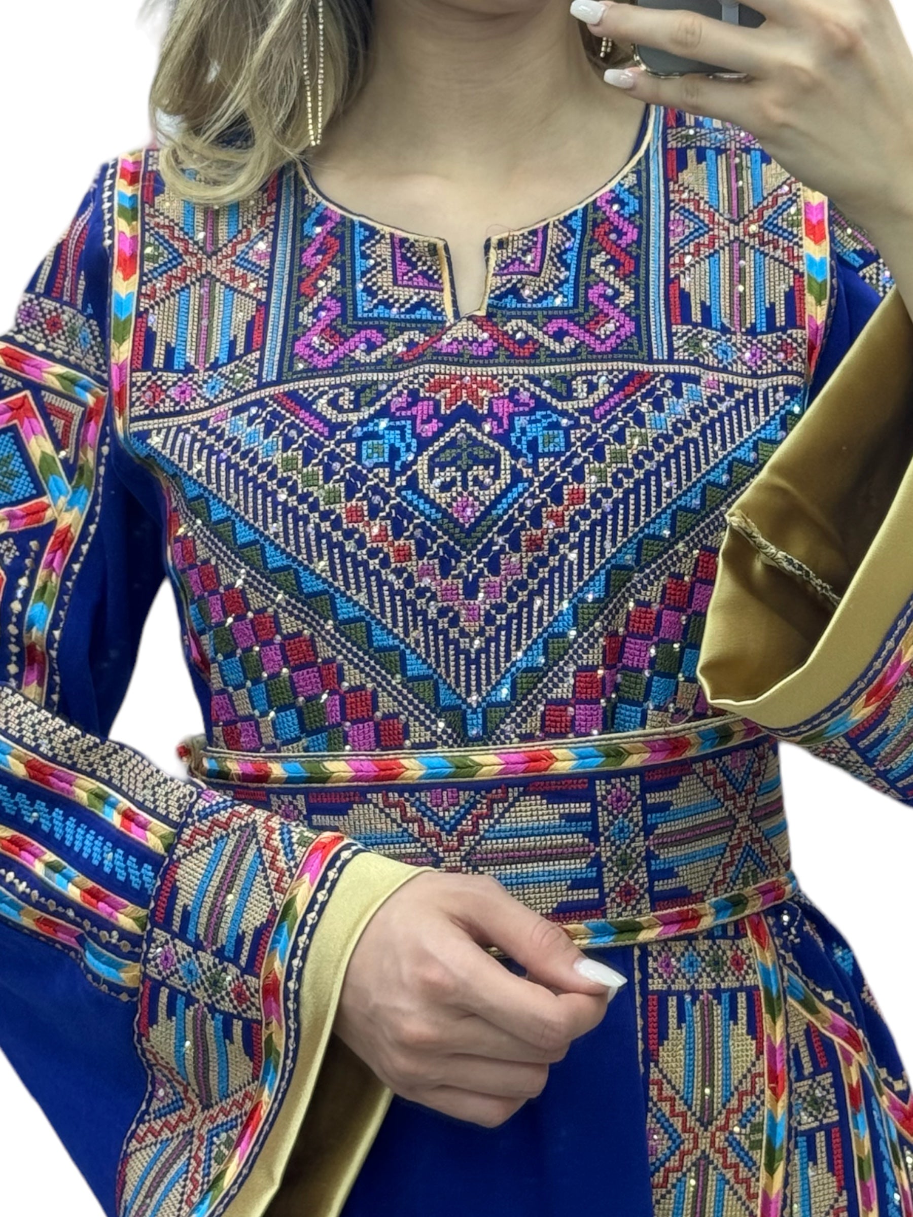 Blue Palestinian Thobe With Embroidery Belt