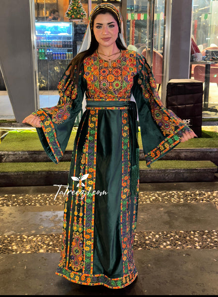 Silk Light Velvet Traditional Embroidered Green Dress With Matching He Tatreez1 Silk Light Velvet Traditional Embroidered Green Dress With Matching He Tatreez1