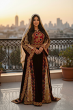 Qasab Maroon Malacca Silk Velvet Thoub with Embroidery and Overskirt