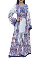 Load image into Gallery viewer, White &amp; Blue Embroidered Palestinian Thobe With Reversible Belt
