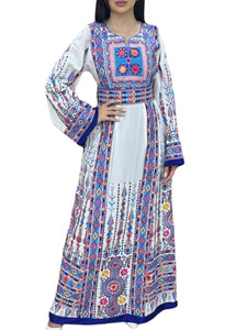 White & Blue Embroidered Palestinian Thobe With Reversible Belt