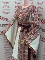 Load image into Gallery viewer, White Traditional Palestinian Thobe – Burgundy &amp; Gold Elegance Embroidery

