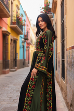 Load image into Gallery viewer, Green Covered in elegant floral Embroidered Palestinian Thobe
