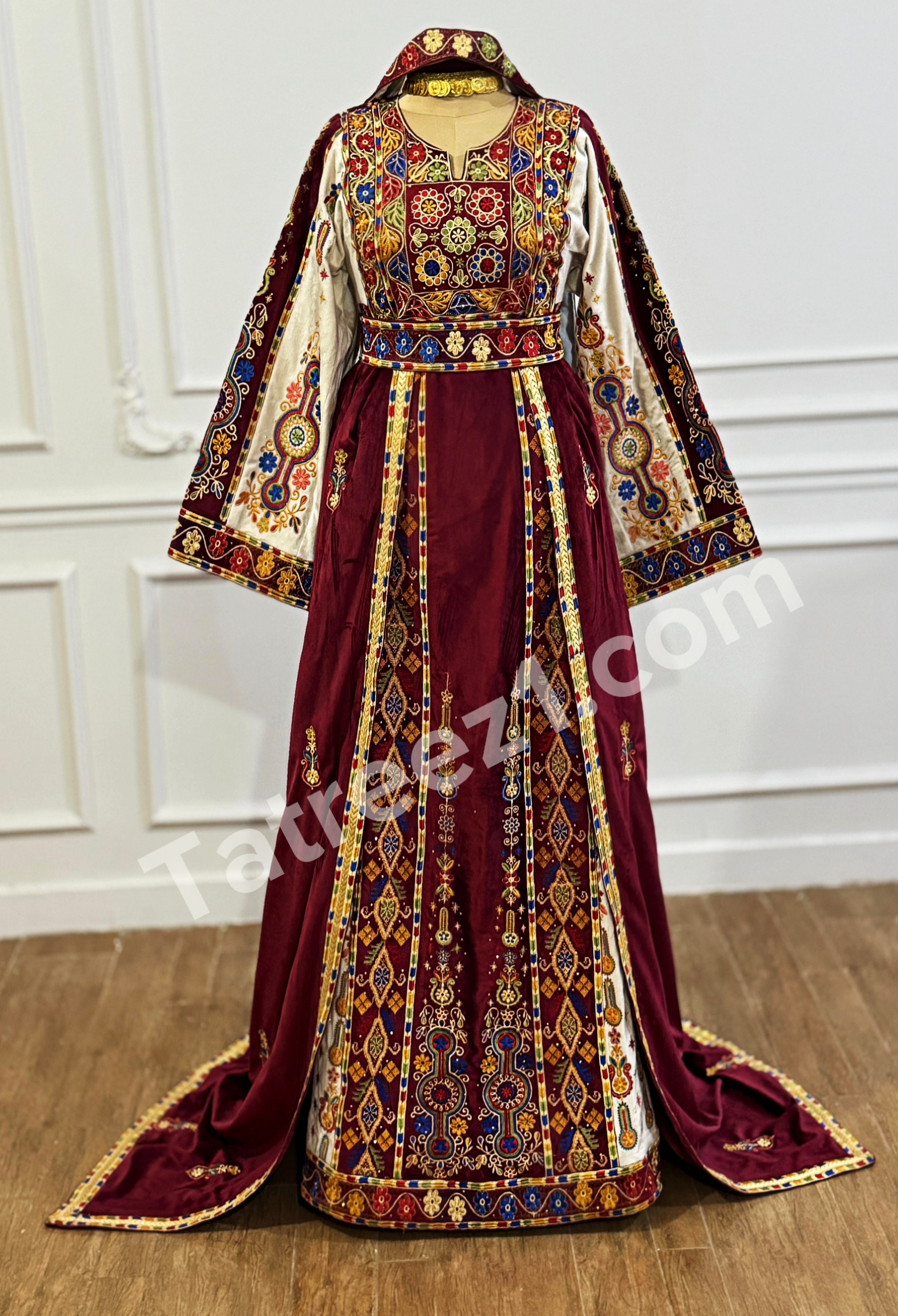 Maroon Malacca Silk Velvet Thoub with Stone Embroidery and Overskirt