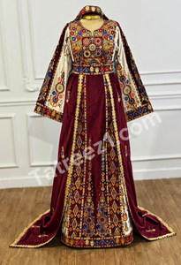 Maroon Malacca Silk Velvet Thoub with Stone Embroidery and Overskirt
