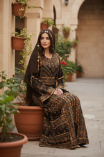 Load image into Gallery viewer, Golden Embroidery Silk Dark Brown Velvet Stone Thobe
