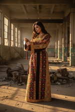 Load image into Gallery viewer, Maroon German velvet Palstainen Golden Embroidery Traditional Long Thoub
