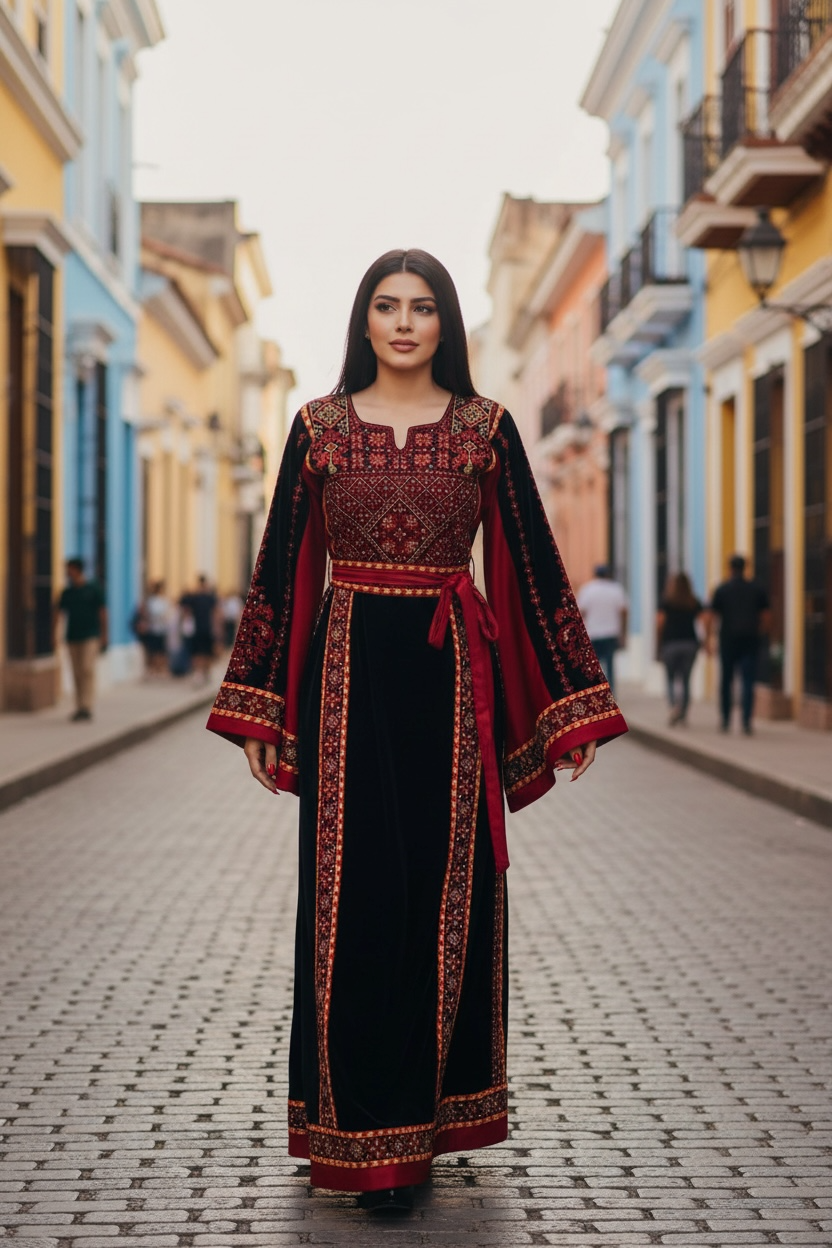 Velvet Simply Elegant Wide Sleeve Thoub Red Embroidered Palestinian Thobe