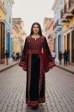 Load image into Gallery viewer, Velvet Simply Elegant Wide Sleeve Thoub Red Embroidered Palestinian Thobe
