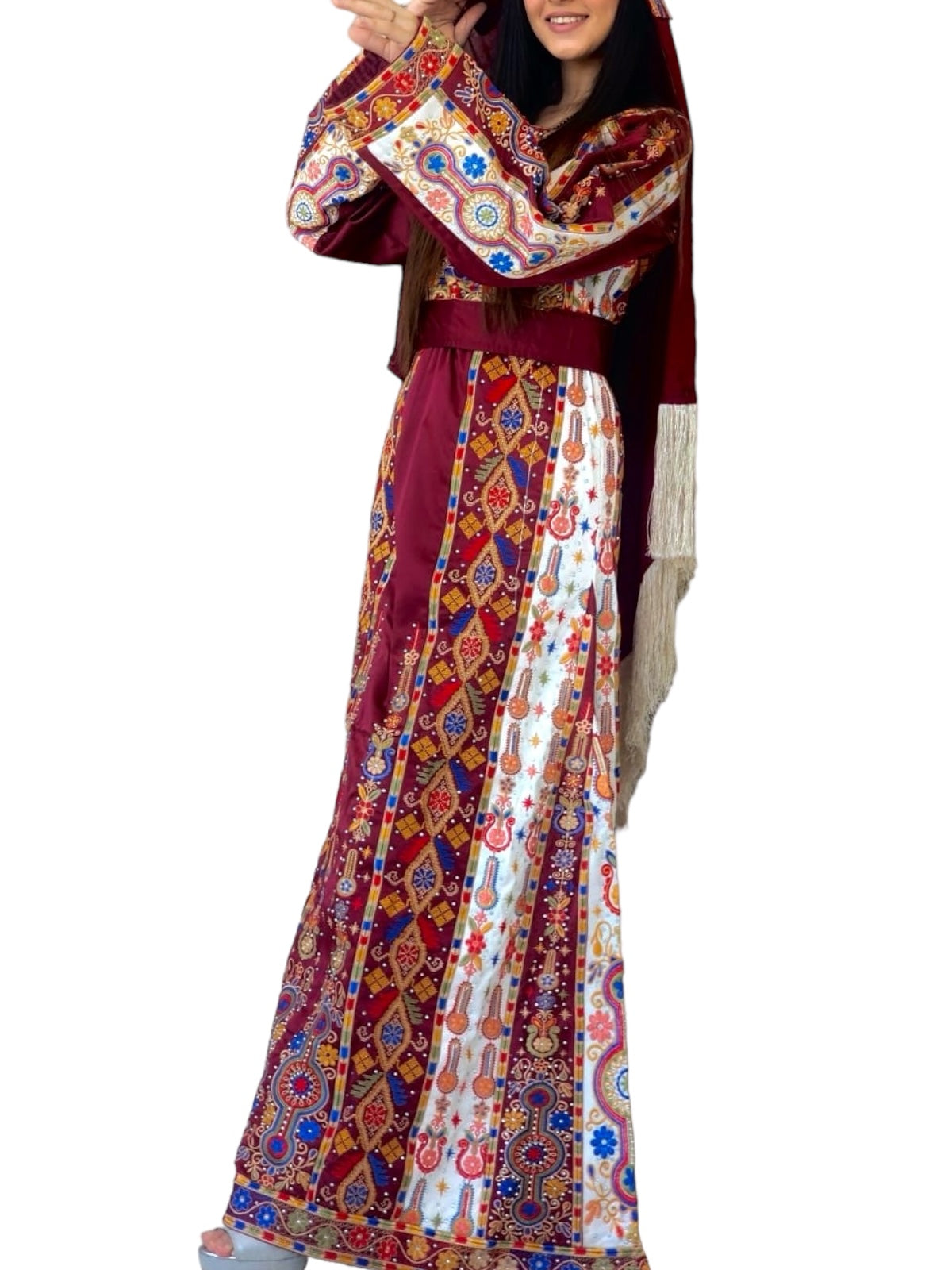 Malacca Silk Material Maroon Stone Embroidery Thoub With Matching Headpiece