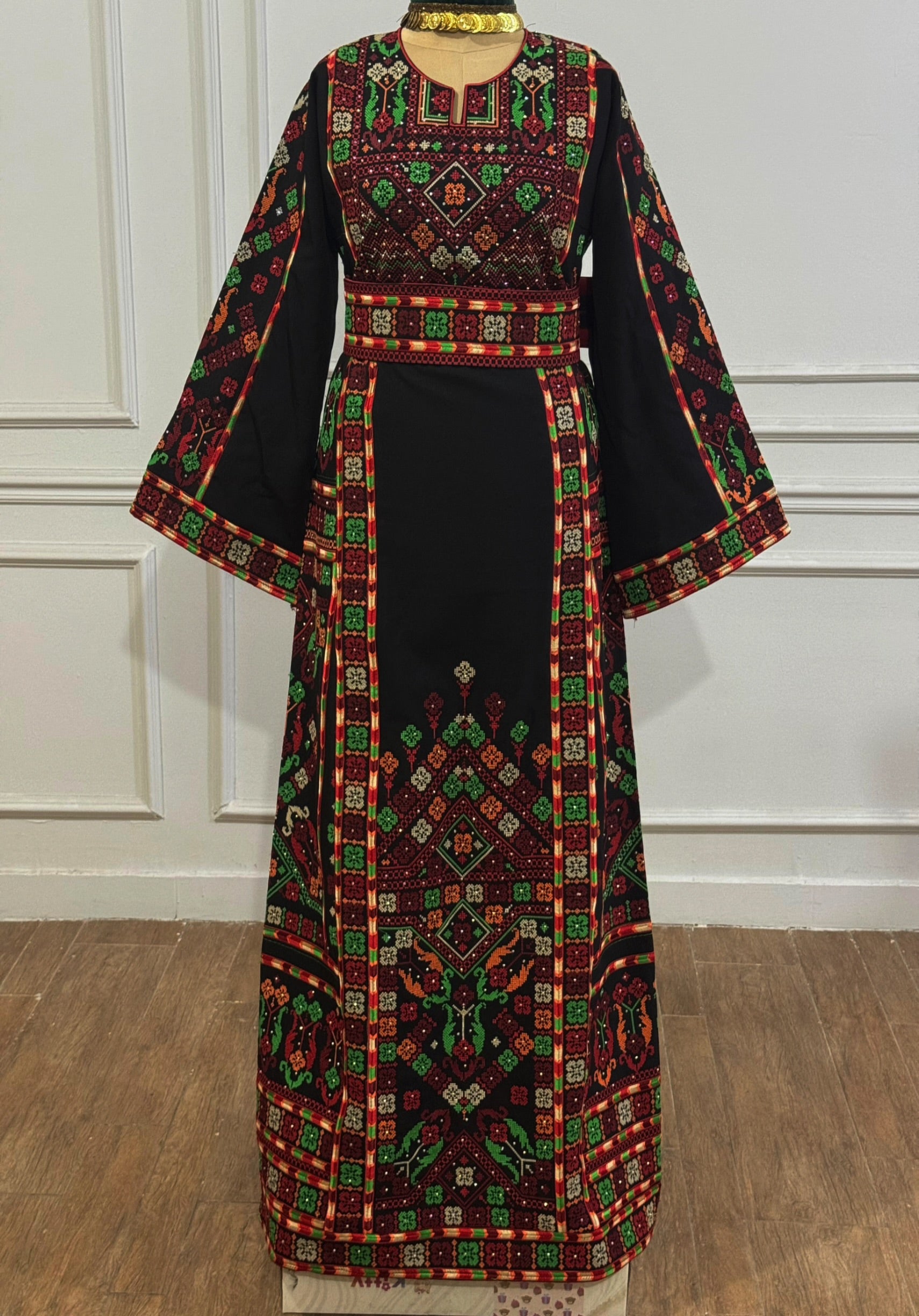 Elegant Black Thobe with Colorful Geometric Embroidery