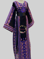 Load image into Gallery viewer, Black Etameen Purple Embroidered Palestinian Fellahi Thobe With Kashmir belt
