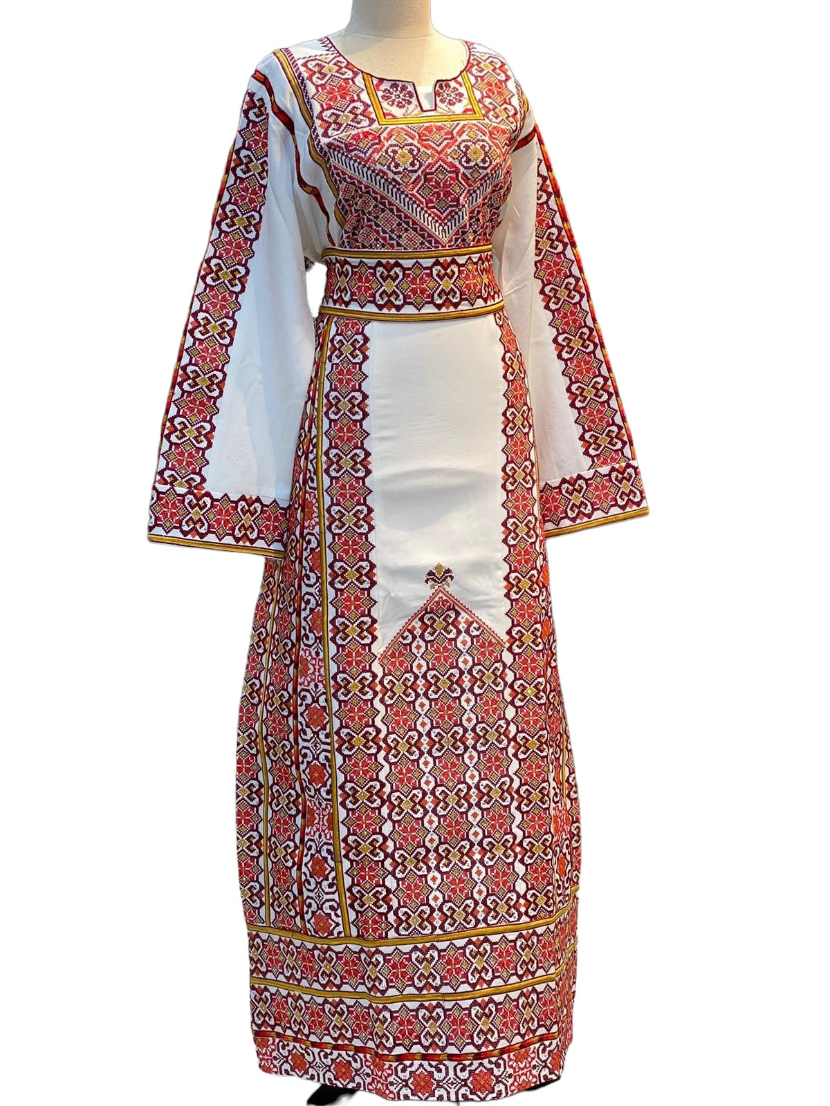 White Thoub Red Embroidered Palestinian Fellahi Thobe