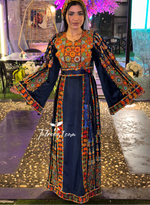 Load image into Gallery viewer, Blue Silk Light Velvet Traditional Embroidered Thoub With Matching Headpiece
