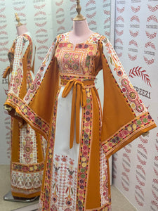 Yellow & White  Palestinian Tatreez Thobe Heritage Elegance Embroidered Dress