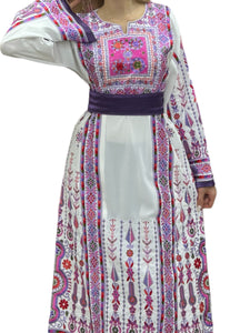 White & Purple Embroidered Palestinian Thobe With Reversible Belt