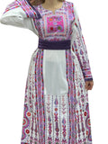 White & Purple Embroidered Palestinian Thobe With Reversible Belt