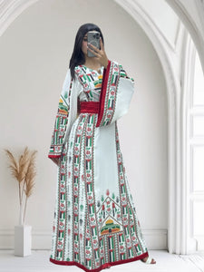 Palestine Flage Embroidery White Traditional Thoub  Stone Thobe with Matching Belt