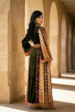 Qasab Green Malacca Silk German Velvet Thoub with Embroidery