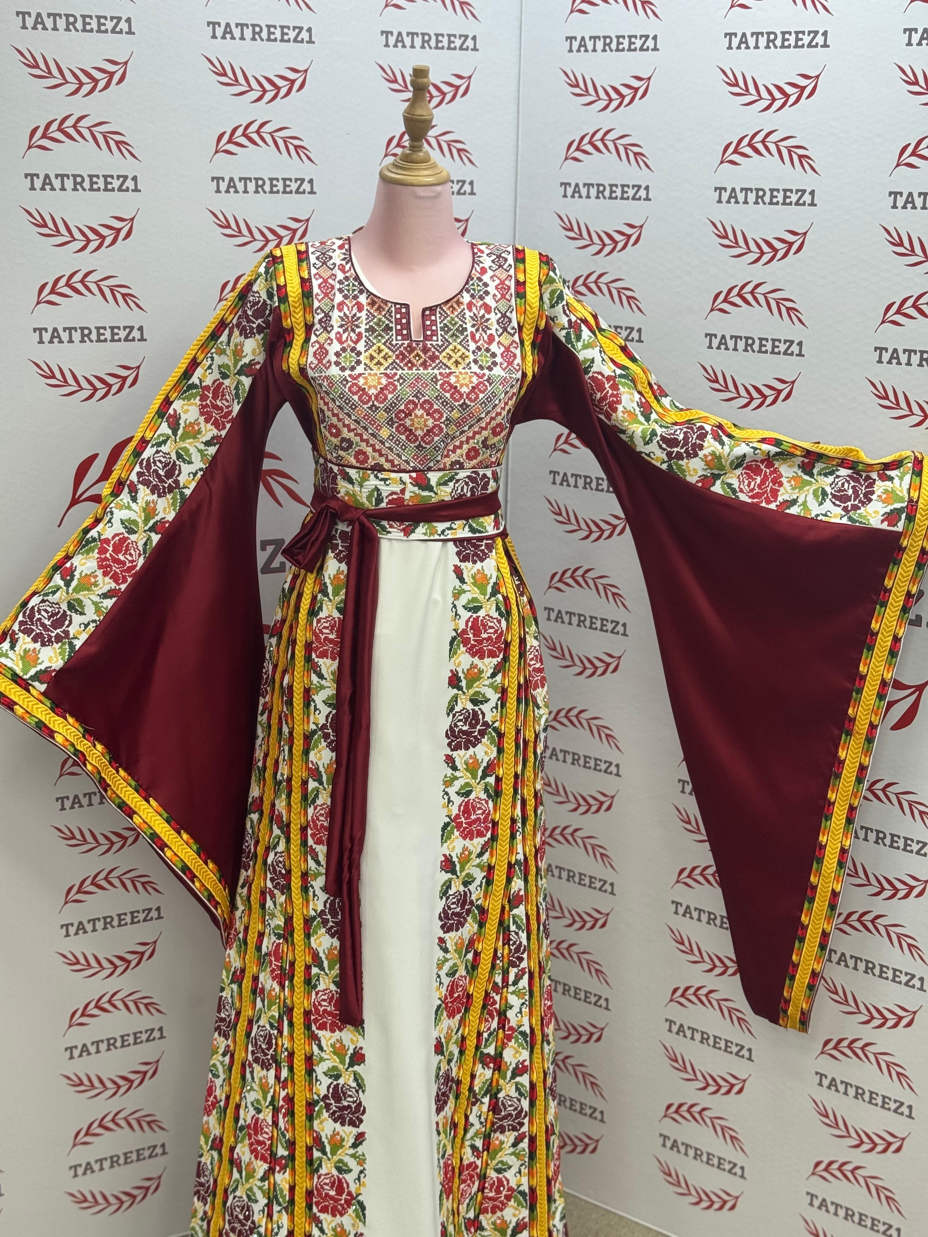 Floral Embroidered Palestinian Thobe with Wide Sleeves and Belt