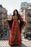 Red Embroidered Palestinian Thobe Featuring Wide Sleeves