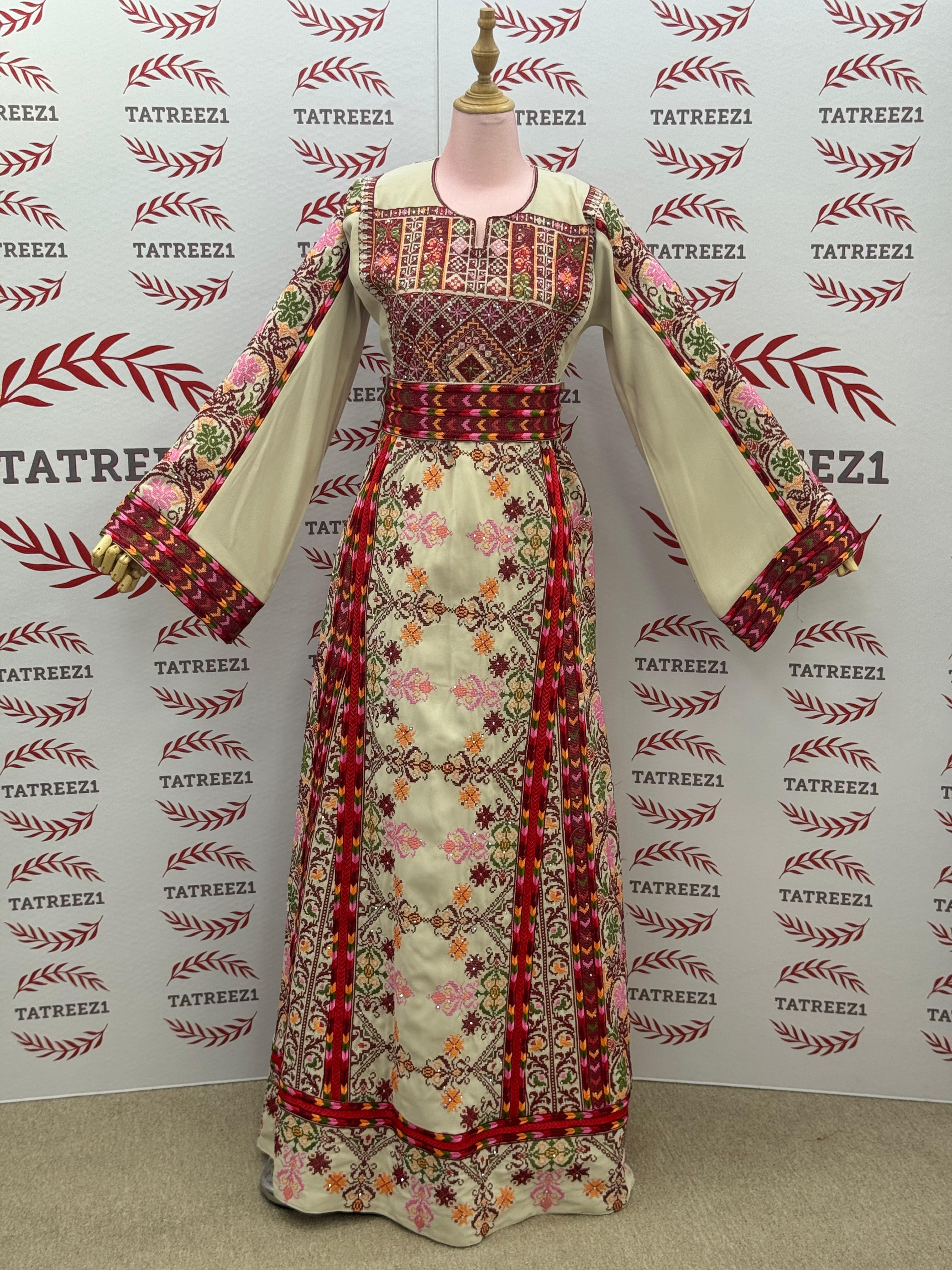 Beige & Maroon Thobe with Geometric Floral Embroidery