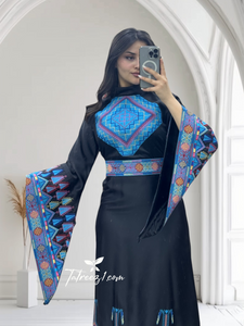 Multicolor Blue Tatreez Elegant Embroidered Dress Wide Sleeve