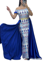 Load image into Gallery viewer, Blue Dress Off Shoulder Embroidered long Overskirt
