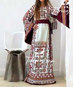 Maroon Embroidery With Reversable Belt Astonishing Palstainen Embroidery Traditional Long Thoub With Matching Headpiece