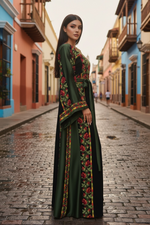 Load image into Gallery viewer, Green Covered in elegant floral Embroidered Palestinian Thobe
