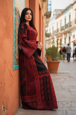 Load image into Gallery viewer, Red &amp; Black Color thoub Embroidered Palestinian Fellahi Thobe With Belt
