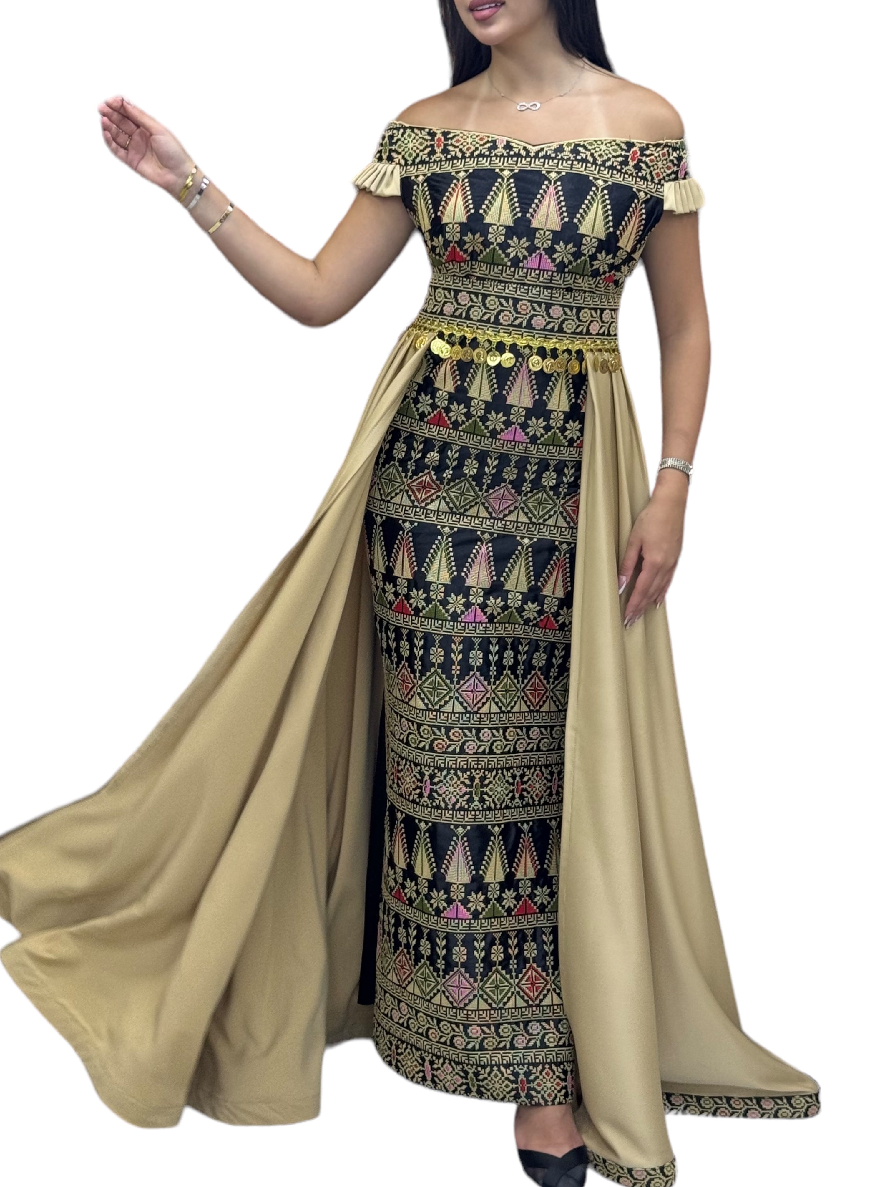 Black/ Gold  Dress Off Shoulder Embroidered long Overskirt